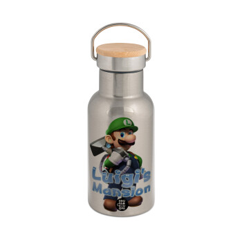 Luigi's Mansion, Stainless steel metallic thermos flask, silver with a bamboo lid, double-walled, 350ml.