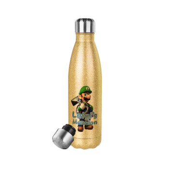 Luigi's Mansion, Μεταλλικό παγούρι θερμός Glitter χρυσό (Stainless steel), διπλού τοιχώματος, 500ml