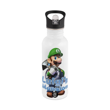 Luigi's Mansion, White water bottle with straw, stainless steel 600ml