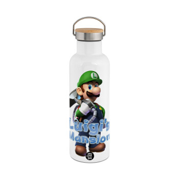 Luigi's Mansion, Stainless steel White with wooden lid (bamboo), double wall, 750ml