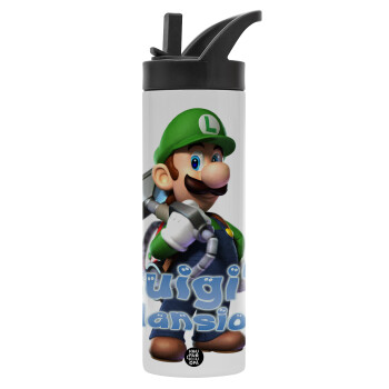 Luigi's Mansion, Μεταλλικό παγούρι θερμός με καλαμάκι & χειρολαβή, ανοξείδωτο ατσάλι (Stainless steel 304), διπλού τοιχώματος, 600ml