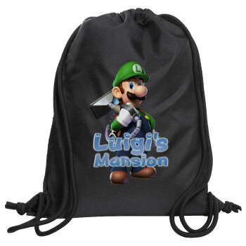 Luigi's Mansion, Τσάντα πλάτης πουγκί GYMBAG Μαύρη, με τσέπη (40x48cm) & χονδρά κορδόνια