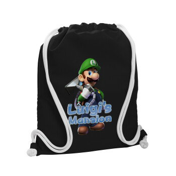 Luigi's Mansion, Τσάντα πλάτης πουγκί GYMBAG Μαύρη, με τσέπη (40x48cm) & χονδρά λευκά κορδόνια