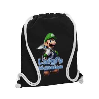 Luigi's Mansion, Τσάντα πλάτης πουγκί GYMBAG Μαύρη, με τσέπη (40x48cm) & χονδρά λευκά κορδόνια