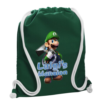 Luigi's Mansion, Τσάντα πλάτης πουγκί GYMBAG BOTTLE GREEN, με τσέπη (40x48cm) & χονδρά λευκά κορδόνια