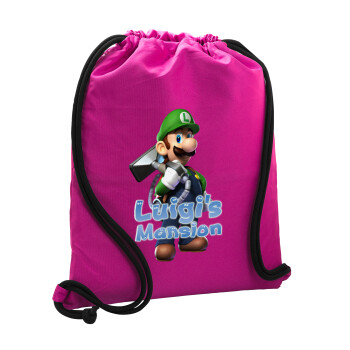 Luigi's Mansion, Backpack pouch GYMBAG Fuchsia, with pocket (40x48cm) & thick cords