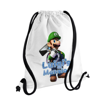 Luigi's Mansion, Τσάντα πλάτης πουγκί GYMBAG λευκή, με τσέπη (40x48cm) & χονδρά κορδόνια