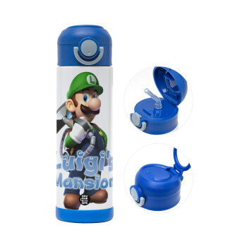 Luigi's Mansion, Children's hot water bottle, stainless steel, with safety straw, BLUE (500ml)