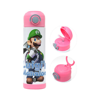 Luigi's Mansion, Children's hot water bottle, stainless steel, with safety straw, PINK (500ml)