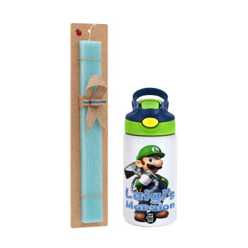 Luigi's Mansion, Πασχαλινό Σετ, Παιδικό παγούρι θερμό, ανοξείδωτο, με καλαμάκι ασφαλείας, πράσινο/μπλε (350ml) & πασχαλινή λαμπάδα αρωματική πλακέ (30cm) (ΤΙΡΚΟΥΑΖ)