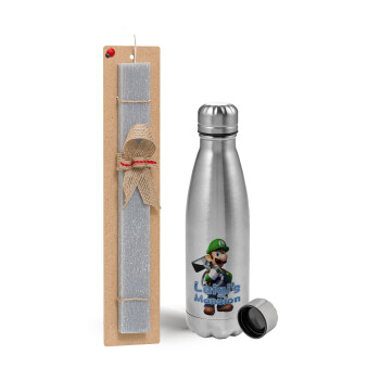 Luigi's Mansion, Easter Set, metallic Inox water bottle (750ml) & aromatic flat Easter candle (30cm) (GRAY)
