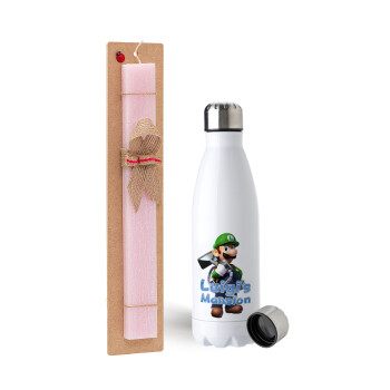 Luigi's Mansion, Easter Set, metallic stainless steel water bottle (750ml) & scented flat Easter candle (30cm) (PINK)
