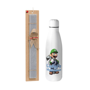 Luigi's Mansion, Easter Set, metallic stainless thermos bottle (500ml) & scented flat Easter candle (30cm) (GRAY)