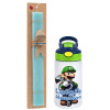 Easter Set, Children's thermal stainless steel bottle with safety straw, green/blue (350ml) & aromatic flat Easter candle (30cm) (TURQUOISE)