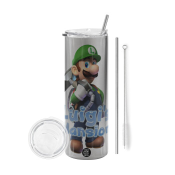 Luigi's Mansion, Eco friendly stainless steel Silver tumbler 600ml, with metal straw & cleaning brush