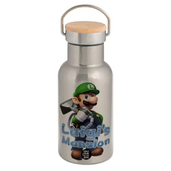 Luigi's Mansion, Μεταλλικό παγούρι θερμός (Stainless steel) Ασημένιο με ξύλινο καπακι (bamboo), διπλού τοιχώματος, 350ml