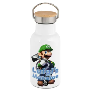 Luigi's Mansion, Metallic thermos (Stainless steel) White with wooden lid (bamboo), double-walled, 350ml