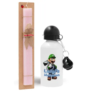 Luigi's Mansion, Πασχαλινή Λαμπάδα με παγούρι μεταλλικό αλουμινίου (500ml) & κερί αρωματικό πλακέ (30cm) (ΡΟΖ)