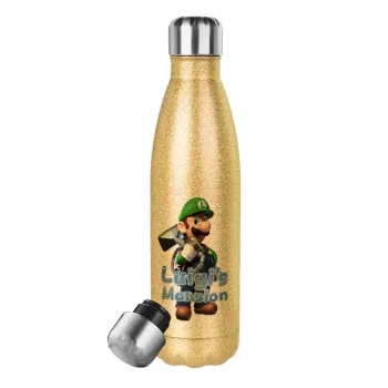 Luigi's Mansion, Glitter gold stainless steel thermos bottle, double-walled, 500ml