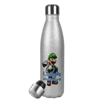 Luigi's Mansion, Μεταλλικό παγούρι θερμός Glitter Aσημένιο (Stainless steel), διπλού τοιχώματος, 500ml