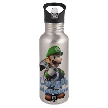 Luigi's Mansion, Παγούρι νερού Ασημένιο με καλαμάκι, ανοξείδωτο ατσάλι 600ml