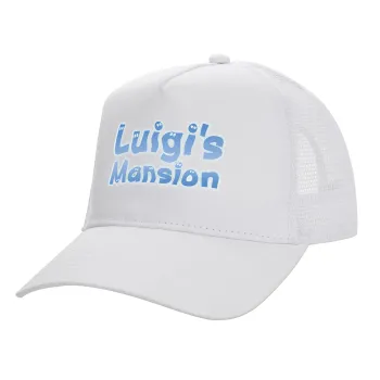 Luigi's Mansion, Structured Trucker Adult Hat, with Mesh, WHITE (100% COTTON, ADULT, UNISEX, ONE SIZE)