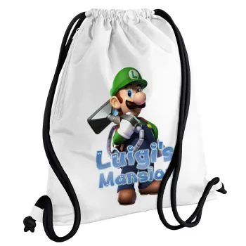 Luigi's Mansion, Backpack pouch GYMBAG white, with pocket (40x48cm) & thick cords