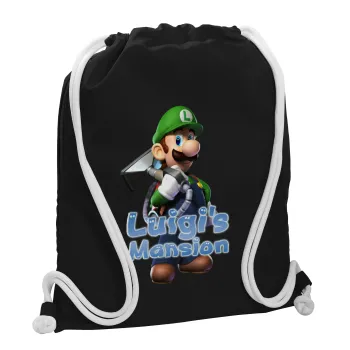 Luigi's Mansion, Τσάντα πλάτης πουγκί GYMBAG Μαύρη, με τσέπη (40x48cm) & χονδρά λευκά κορδόνια