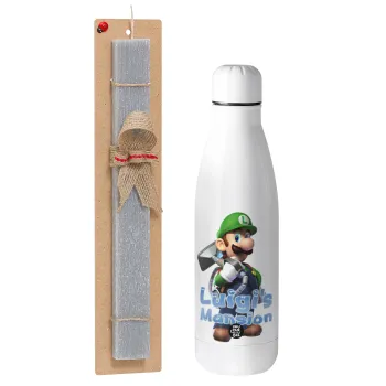 Luigi's Mansion, Easter Set, metallic stainless thermos bottle (500ml) & scented flat Easter candle (30cm) (GRAY)