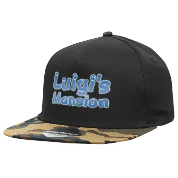 Luigi's Mansion, Adult Flat Snapback Hat Black/Camouflage, (100% COTTON TWILL, ADULT, UNISEX, ONE SIZE)