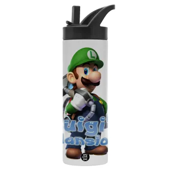 Luigi's Mansion, Μεταλλικό παγούρι θερμός με καλαμάκι & χειρολαβή, ανοξείδωτο ατσάλι (Stainless steel 304), διπλού τοιχώματος, 600ml