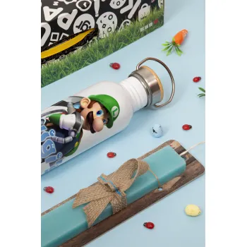 Luigi's Mansion, Easter Set, metallic silver aluminum water bottle (500ml) & scented flat Easter candle (30cm) (TURQUOISE)