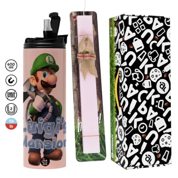 Luigi's Mansion, Easter candle,Travel Tumbler 2 Lids, with metal straw & cleaning brush & aromatic flat candle (30cm) (PINK)