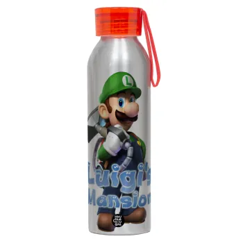 Luigi's Mansion, Αλουμινένιο Αθλητικό Μπουκάλι 650ml – Ασημί με Κόκκινο Καπάκι και Λουράκι Σιλικόνης