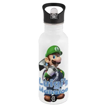 Luigi's Mansion, Παγούρι νερού Λευκό με καλαμάκι, ανοξείδωτο ατσάλι 600ml