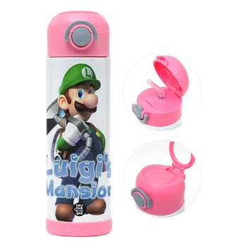 Luigi's Mansion, Children's hot water bottle, stainless steel, with safety straw, PINK (500ml)