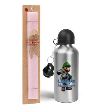 Luigi's Mansion, Easter Set, metallic Silver aluminum water bottle (500ml) & scented flat Easter candle (30cm) (PINK)