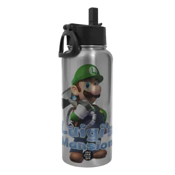 Luigi's Mansion, Metal mug thermo Silver with Straw and Spout Lid (Stainless steel), double wall, 950ml