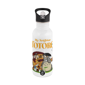 Totoro and Cat, White water bottle with straw, stainless steel 600ml