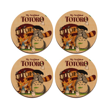 Totoro and Cat, ΣΕΤ x4 Σουβέρ ξύλινα στρογγυλά plywood (9cm)