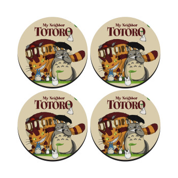 Totoro and Cat, SET of 4 round wooden coasters (9cm)