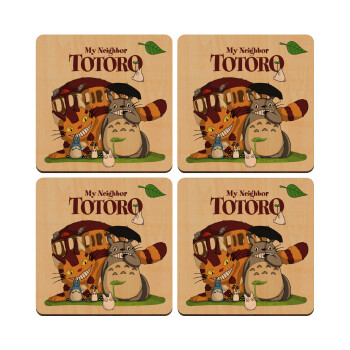Totoro and Cat, ΣΕΤ x4 Σουβέρ ξύλινα τετράγωνα plywood (9cm)