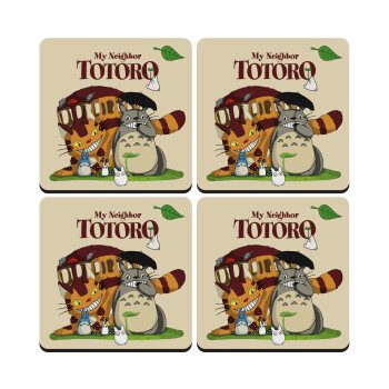 Totoro and Cat, ΣΕΤ 4 Σουβέρ ξύλινα τετράγωνα (9cm)