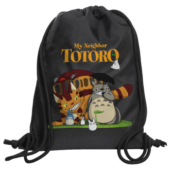 Totoro and Cat, Τσάντα πλάτης πουγκί GYMBAG Μαύρη, με τσέπη (40x48cm) & χονδρά κορδόνια