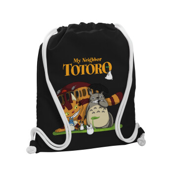 Totoro and Cat, Τσάντα πλάτης πουγκί GYMBAG Μαύρη, με τσέπη (40x48cm) & χονδρά λευκά κορδόνια
