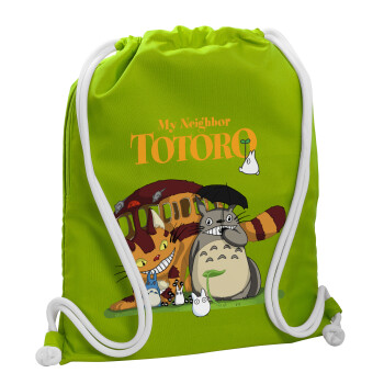 Totoro and Cat, Τσάντα πλάτης πουγκί GYMBAG LIME GREEN, με τσέπη (40x48cm) & χονδρά κορδόνια