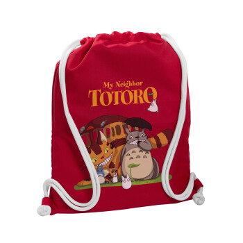 Totoro and Cat, Backpack pouch GYMBAG Red, with pocket (40x48cm) & thick cords