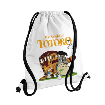 Totoro and Cat, Τσάντα πλάτης πουγκί GYMBAG λευκή, με τσέπη (40x48cm) & χονδρά κορδόνια