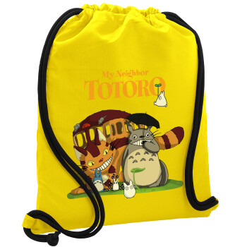 Totoro and Cat, Τσάντα πλάτης πουγκί GYMBAG Κίτρινη, με τσέπη (40x48cm) & χονδρά κορδόνια