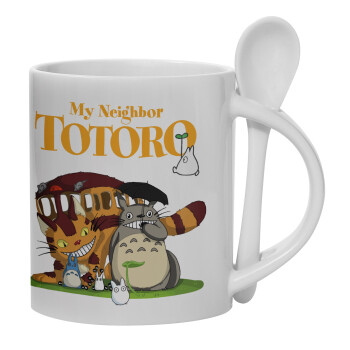 Totoro and Cat, Ceramic coffee mug with Spoon, 330ml (1pcs)